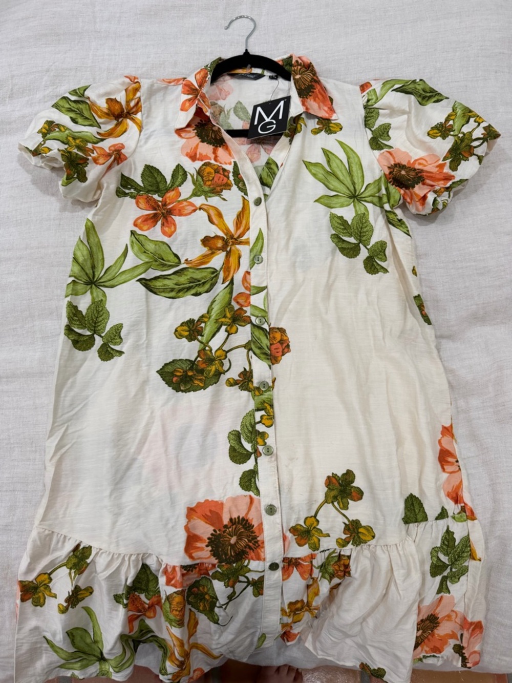 Mlle Gabrielle White Shirt Dress with Green Leaves & Coral Floral
